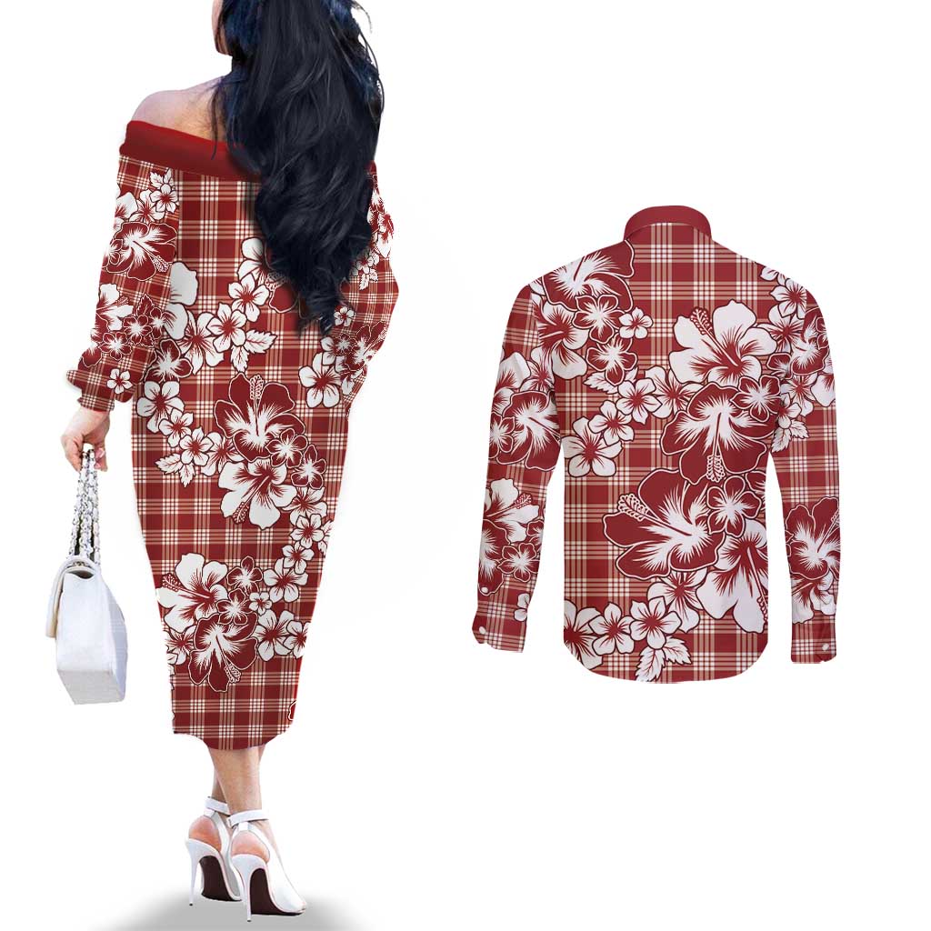 Hibiscus Pakala Fantasy Red Couples Matching Off The Shoulder Long Sleeve Dress and Long Sleeve Button Shirt Tropical Floral Stylized LT01 - Polynesian Pride