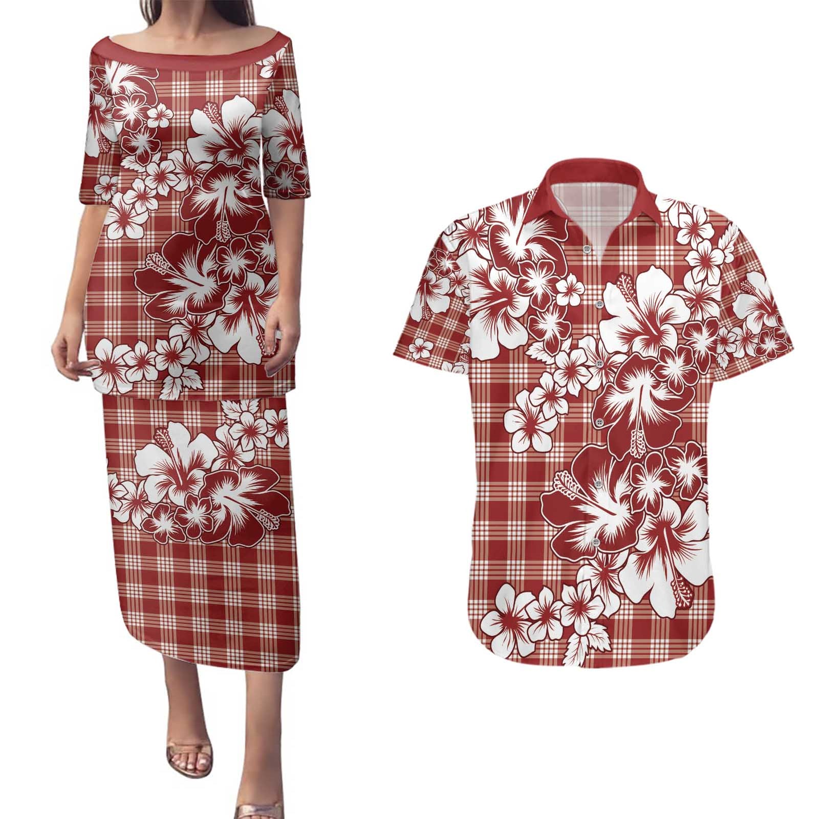 Hibiscus Pakala Fantasy Red Couples Matching Puletasi and Hawaiian Shirt Tropical Floral Stylized - Polynesian Pride