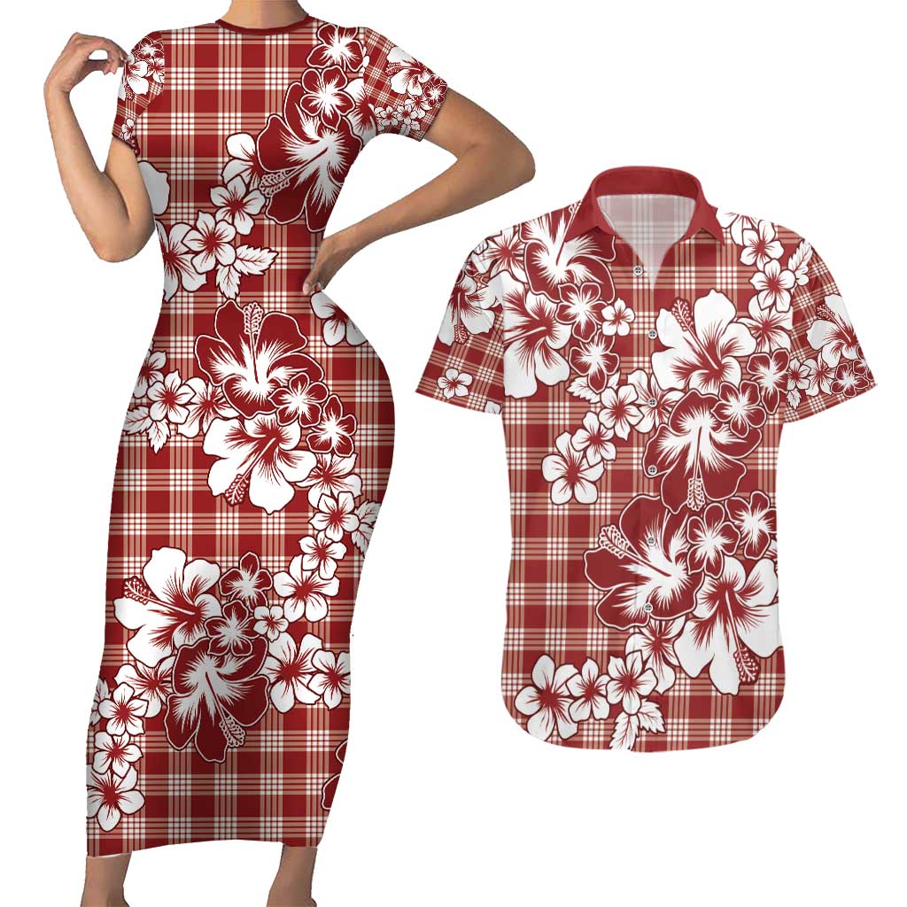 Hibiscus Pakala Fantasy Red Couples Matching Short Sleeve Bodycon Dress and Hawaiian Shirt Tropical Floral Stylized LT01 Red - Polynesian Pride