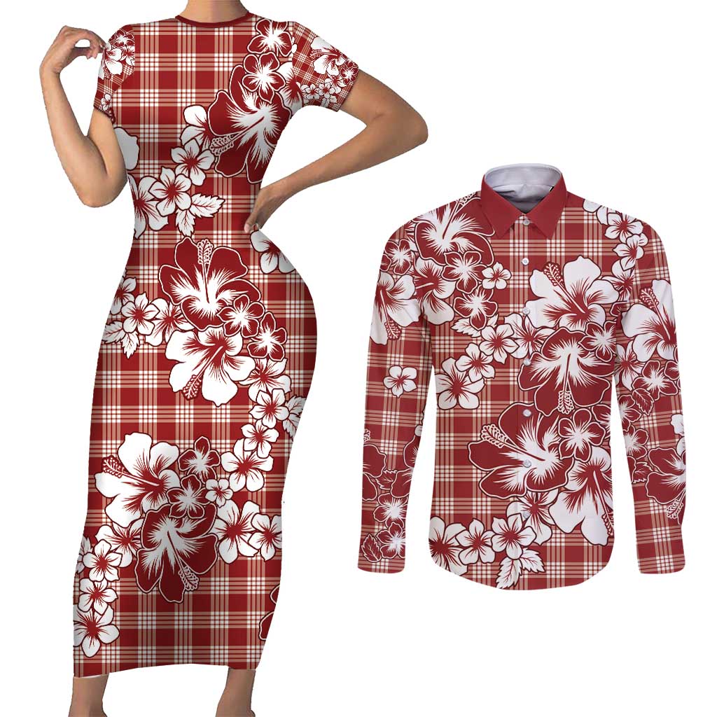 Hibiscus Pakala Fantasy Red Couples Matching Short Sleeve Bodycon Dress and Long Sleeve Button Shirt Tropical Floral Stylized LT01 Red - Polynesian Pride