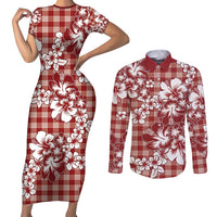 Hibiscus Pakala Fantasy Red Couples Matching Short Sleeve Bodycon Dress and Long Sleeve Button Shirt Tropical Floral Stylized LT01 Red - Polynesian Pride