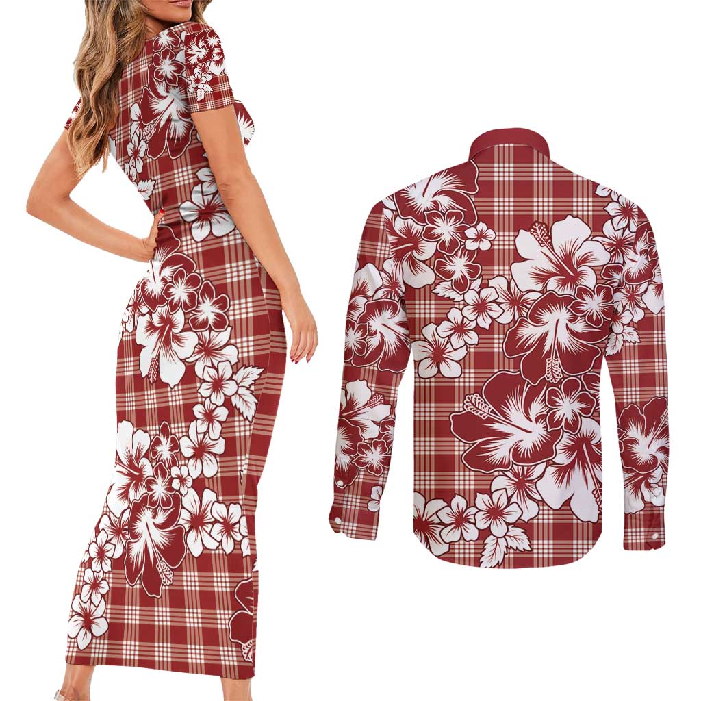 Hibiscus Pakala Fantasy Red Couples Matching Short Sleeve Bodycon Dress and Long Sleeve Button Shirt Tropical Floral Stylized LT01 - Polynesian Pride
