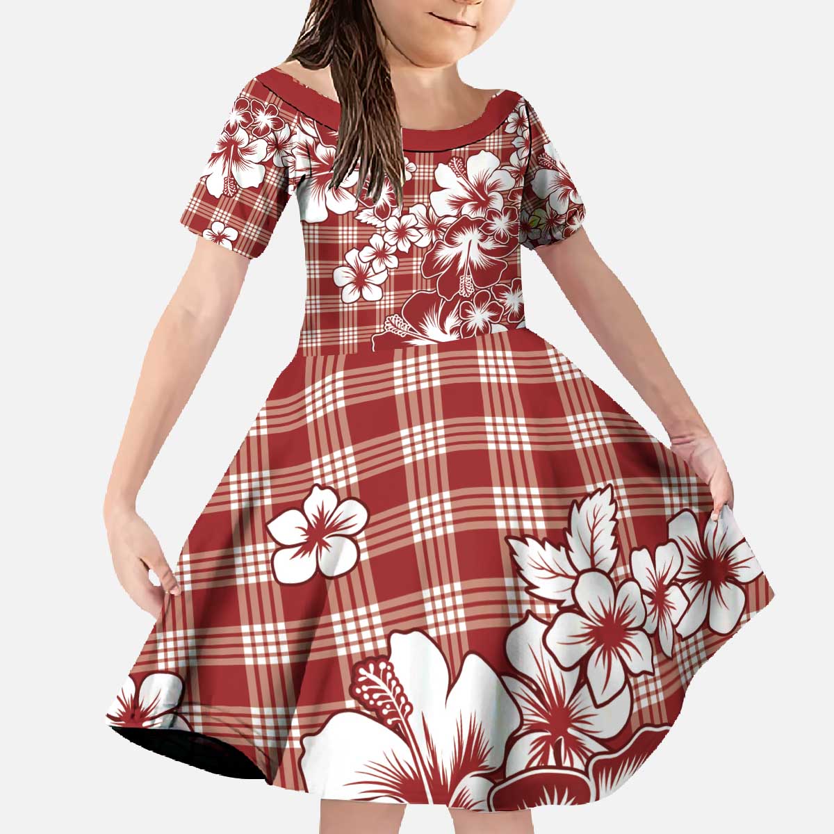 Hibiscus Pakala Fantasy Red Family Matching Off The Shoulder Long Sleeve Dress and Hawaiian Shirt Tropical Floral Stylized LT01 Daughter's Dress Red - Polynesian Pride