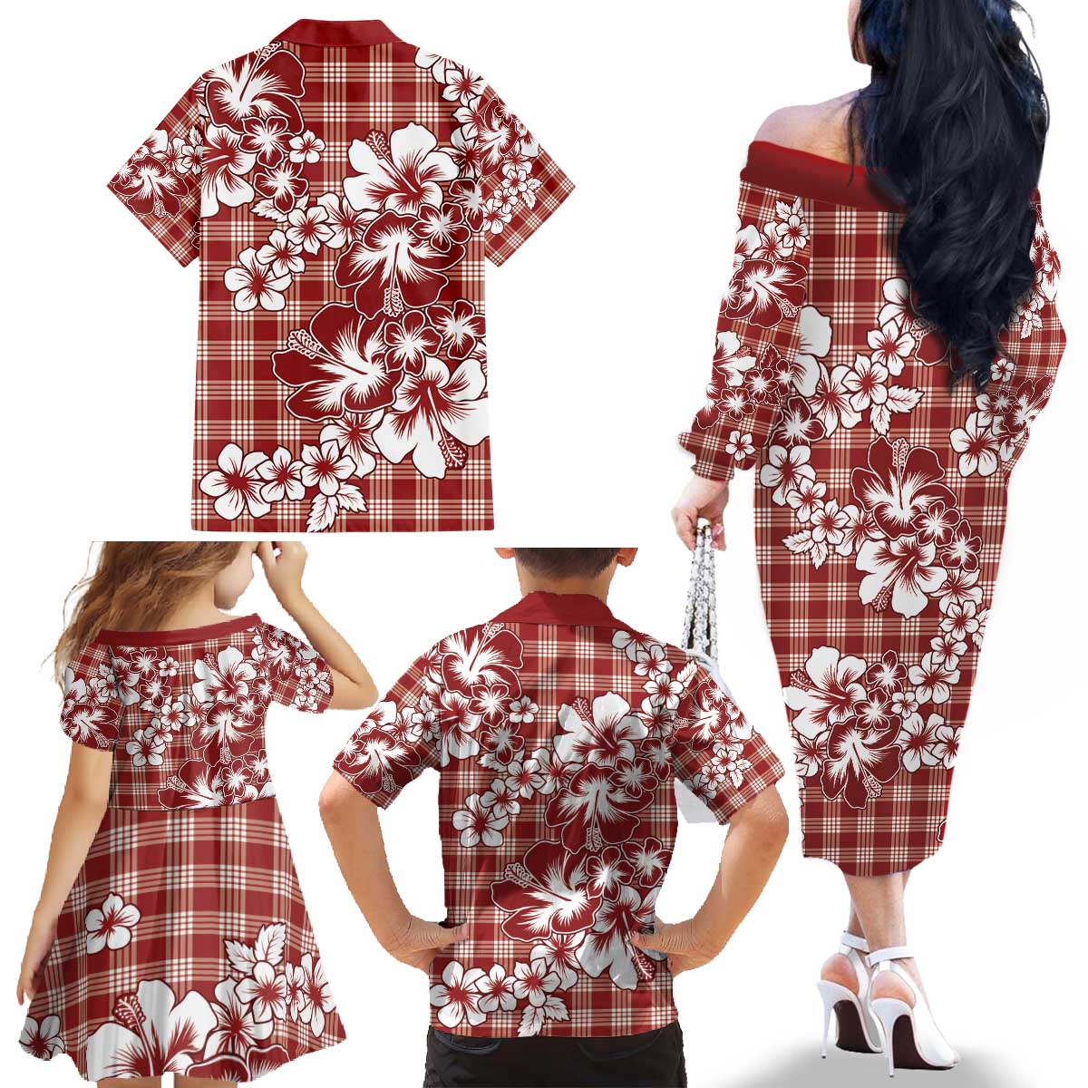 Hibiscus Pakala Fantasy Red Family Matching Off The Shoulder Long Sleeve Dress and Hawaiian Shirt Tropical Floral Stylized LT01 - Polynesian Pride