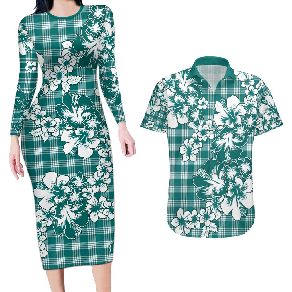 Hibiscus Pakala Aqua Teal Couples Matching Long Sleeve Bodycon Dress and Hawaiian Shirt Tropical Floral Stylized LT01 Teal - Polynesian Pride