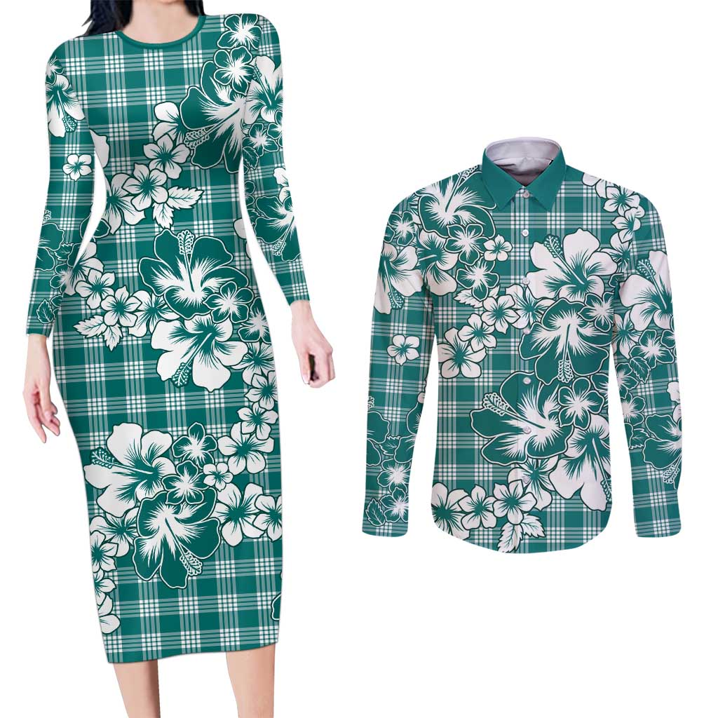 Hibiscus Pakala Aqua Teal Couples Matching Long Sleeve Bodycon Dress and Long Sleeve Button Shirt Tropical Floral Stylized LT01 Teal - Polynesian Pride