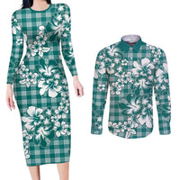 Hibiscus Pakala Aqua Teal Couples Matching Long Sleeve Bodycon Dress and Long Sleeve Button Shirt Tropical Floral Stylized LT01 Teal - Polynesian Pride