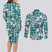 Hibiscus Pakala Aqua Teal Couples Matching Long Sleeve Bodycon Dress and Long Sleeve Button Shirt Tropical Floral Stylized LT01 - Polynesian Pride