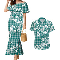 Hibiscus Pakala Aqua Teal Couples Matching Mermaid Dress and Hawaiian Shirt Tropical Floral Stylized LT01 Teal - Polynesian Pride