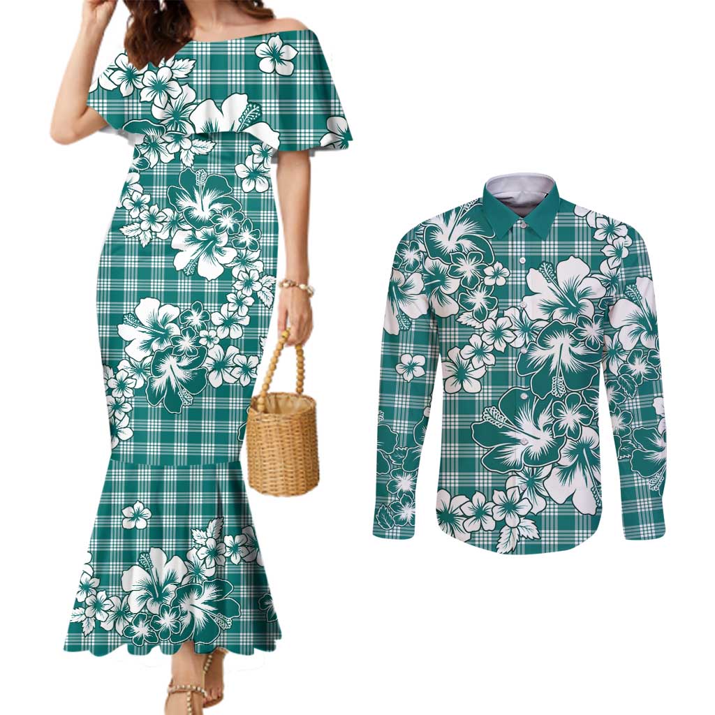 Hibiscus Pakala Aqua Teal Couples Matching Mermaid Dress and Long Sleeve Button Shirt Tropical Floral Stylized LT01 Teal - Polynesian Pride