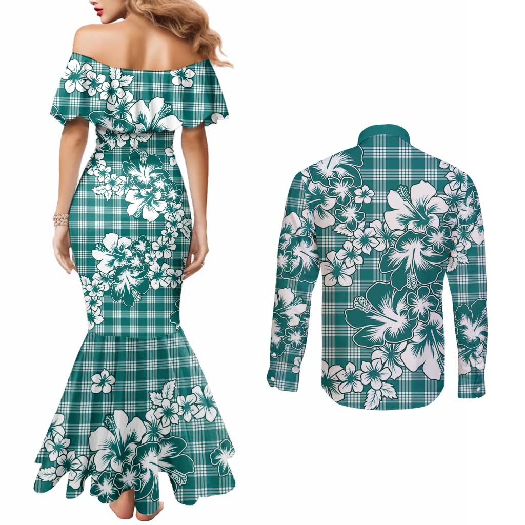 Hibiscus Pakala Aqua Teal Couples Matching Mermaid Dress and Long Sleeve Button Shirt Tropical Floral Stylized LT01 - Polynesian Pride
