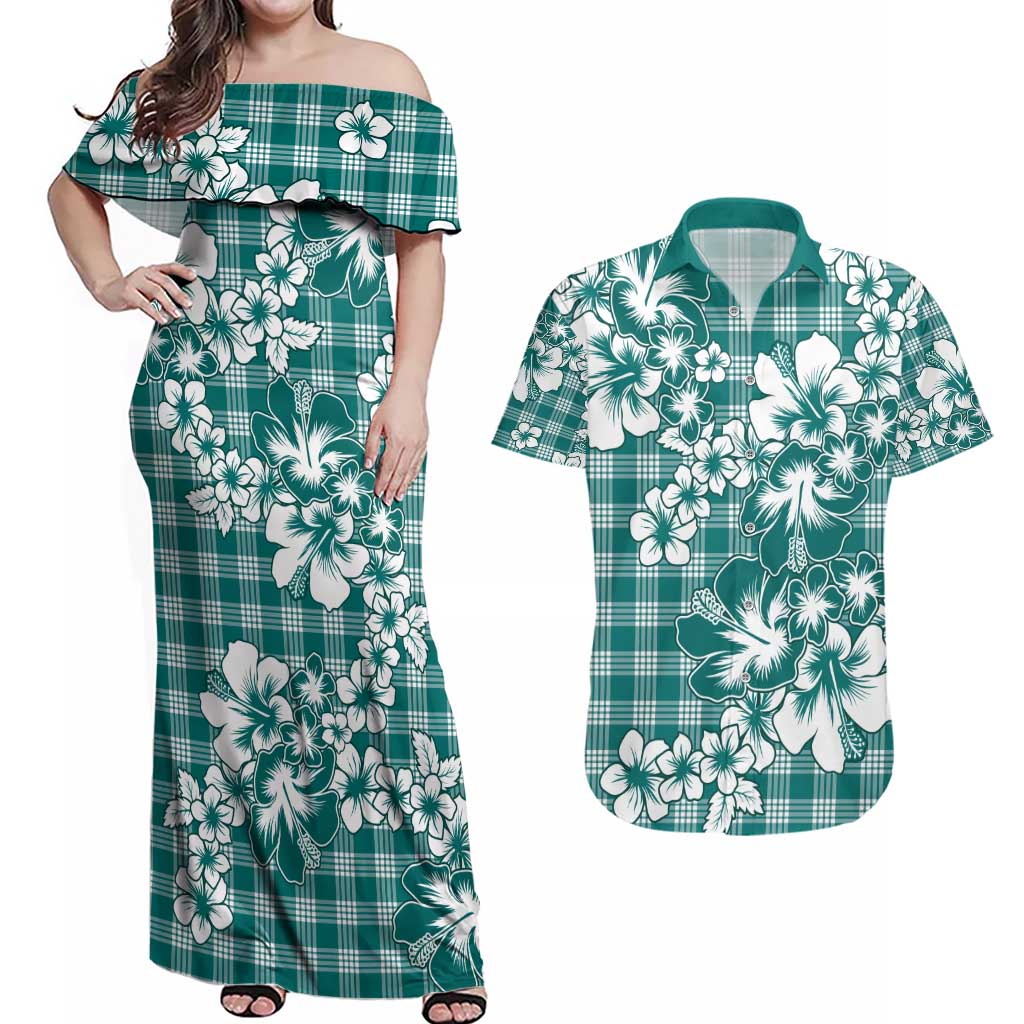 Hibiscus Pakala Aqua Teal Couples Matching Off Shoulder Maxi Dress and Hawaiian Shirt Tropical Floral Stylized LT01 Teal - Polynesian Pride