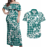 Hibiscus Pakala Aqua Teal Couples Matching Off Shoulder Maxi Dress and Hawaiian Shirt Tropical Floral Stylized LT01 Teal - Polynesian Pride