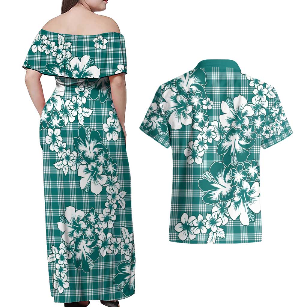 Hibiscus Pakala Aqua Teal Couples Matching Off Shoulder Maxi Dress and Hawaiian Shirt Tropical Floral Stylized LT01 - Polynesian Pride