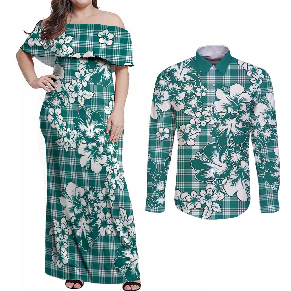 Hibiscus Pakala Aqua Teal Couples Matching Off Shoulder Maxi Dress and Long Sleeve Button Shirt Tropical Floral Stylized LT01 Teal - Polynesian Pride
