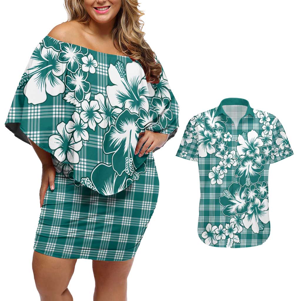 Hibiscus Pakala Aqua Teal Couples Matching Off Shoulder Short Dress and Hawaiian Shirt Tropical Floral Stylized LT01 Teal - Polynesian Pride