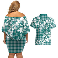 Hibiscus Pakala Aqua Teal Couples Matching Off Shoulder Short Dress and Hawaiian Shirt Tropical Floral Stylized LT01 - Polynesian Pride