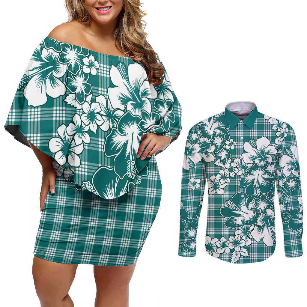 Hibiscus Pakala Aqua Teal Couples Matching Off Shoulder Short Dress and Long Sleeve Button Shirt Tropical Floral Stylized LT01 Teal - Polynesian Pride