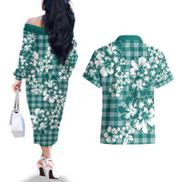 Hibiscus Pakala Aqua Teal Couples Matching Off The Shoulder Long Sleeve Dress and Hawaiian Shirt Tropical Floral Stylized LT01 - Polynesian Pride