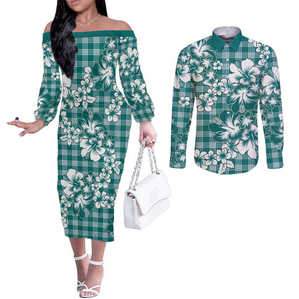 Hibiscus Pakala Aqua Teal Couples Matching Off The Shoulder Long Sleeve Dress and Long Sleeve Button Shirt Tropical Floral Stylized LT01 Teal - Polynesian Pride