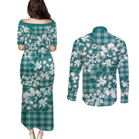 Hibiscus Pakala Aqua Teal Couples Matching Puletasi and Long Sleeve Button Shirt Tropical Floral Stylized - Polynesian Pride