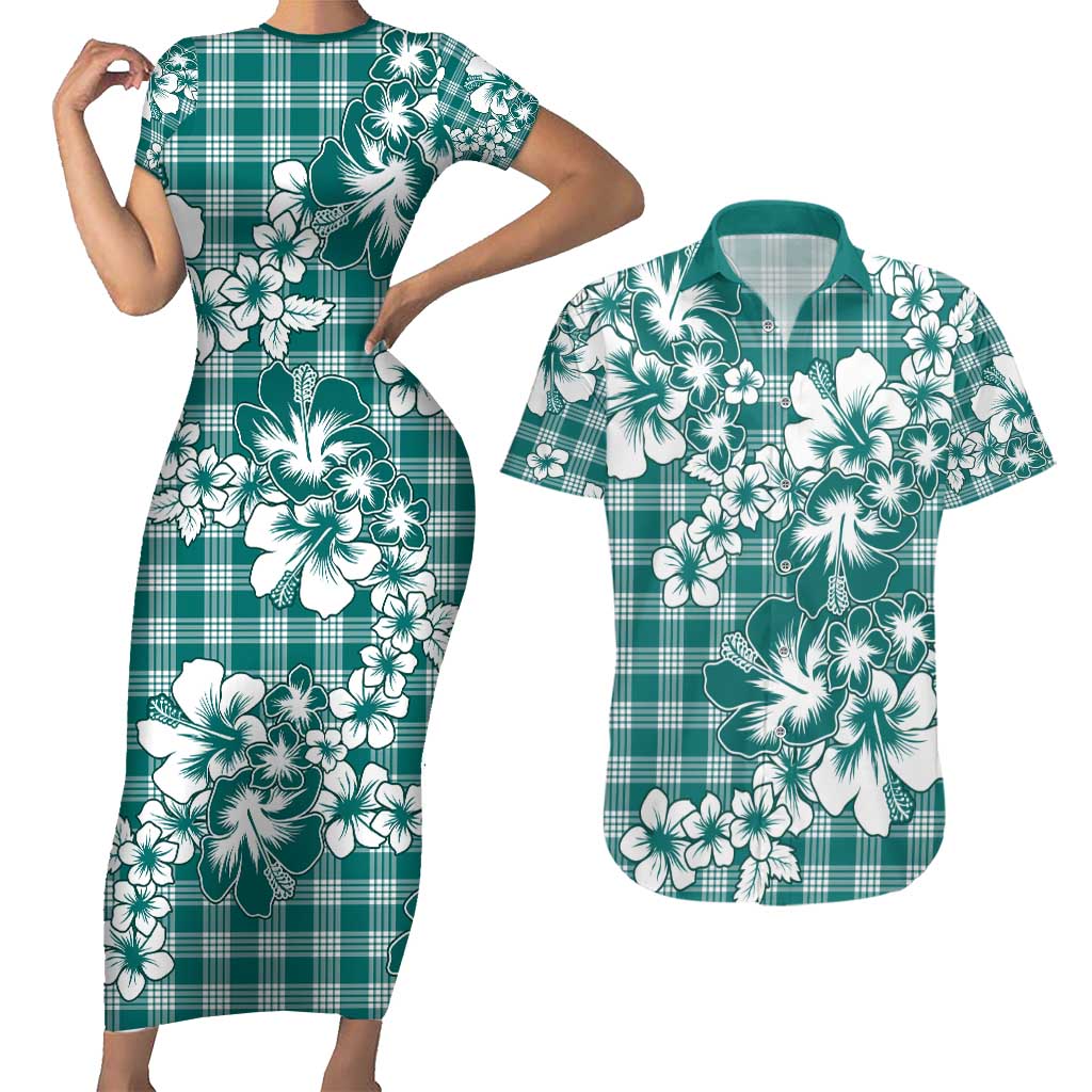 Hibiscus Pakala Aqua Teal Couples Matching Short Sleeve Bodycon Dress and Hawaiian Shirt Tropical Floral Stylized LT01 Teal - Polynesian Pride