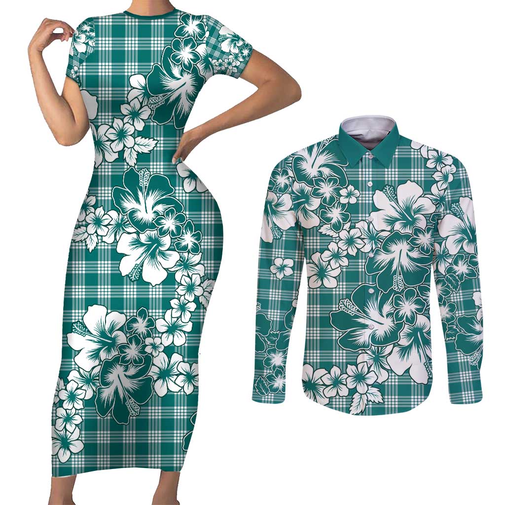Hibiscus Pakala Aqua Teal Couples Matching Short Sleeve Bodycon Dress and Long Sleeve Button Shirt Tropical Floral Stylized LT01 Teal - Polynesian Pride