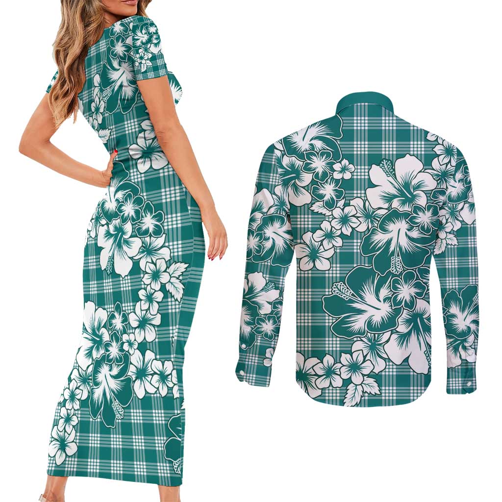 Hibiscus Pakala Aqua Teal Couples Matching Short Sleeve Bodycon Dress and Long Sleeve Button Shirt Tropical Floral Stylized LT01 - Polynesian Pride