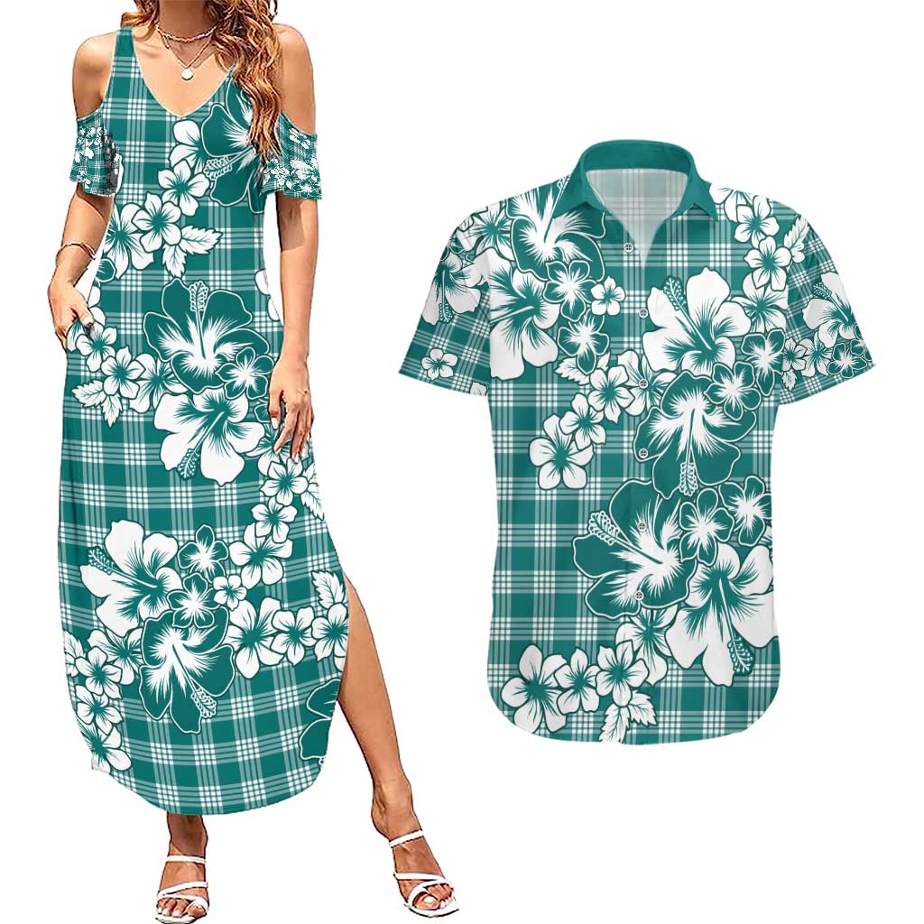 Hibiscus Pakala Aqua Teal Couples Matching Summer Maxi Dress and Hawaiian Shirt Tropical Floral Stylized LT01 Teal - Polynesian Pride