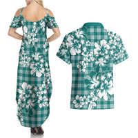 Hibiscus Pakala Aqua Teal Couples Matching Summer Maxi Dress and Hawaiian Shirt Tropical Floral Stylized LT01 - Polynesian Pride