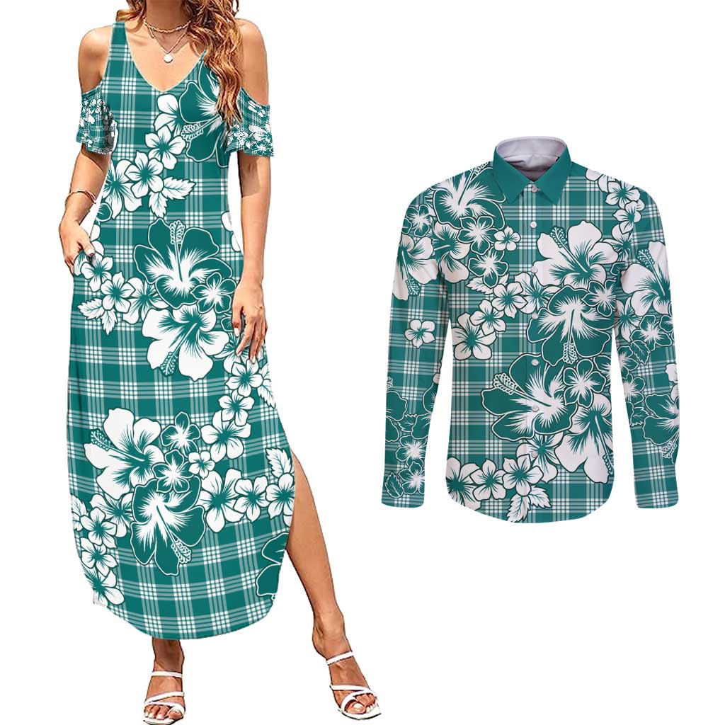 Hibiscus Pakala Aqua Teal Couples Matching Summer Maxi Dress and Long Sleeve Button Shirt Tropical Floral Stylized LT01 Teal - Polynesian Pride