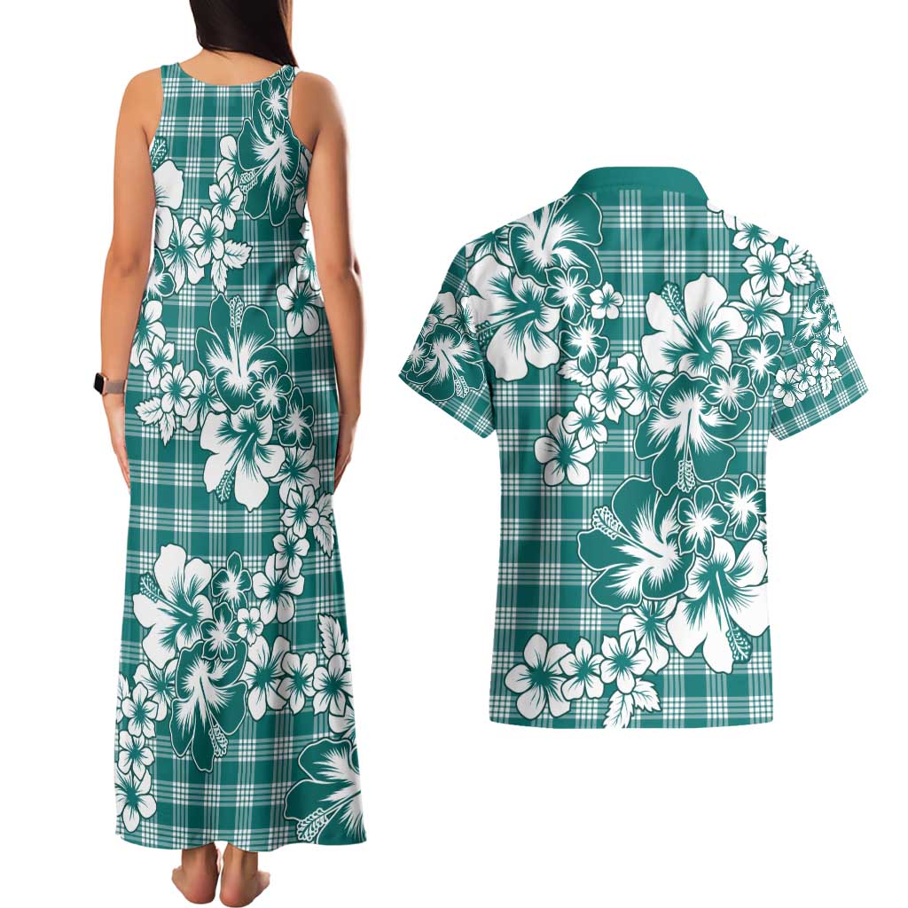 Hibiscus Pakala Aqua Teal Couples Matching Tank Maxi Dress and Hawaiian Shirt Tropical Floral Stylized LT01 - Polynesian Pride