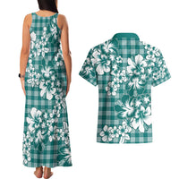 Hibiscus Pakala Aqua Teal Couples Matching Tank Maxi Dress and Hawaiian Shirt Tropical Floral Stylized LT01 - Polynesian Pride