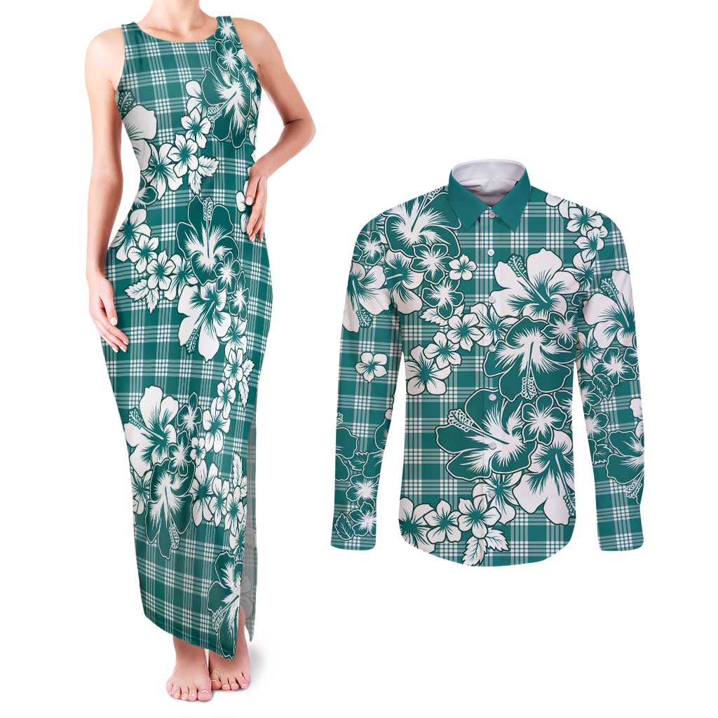 Hibiscus Pakala Aqua Teal Couples Matching Tank Maxi Dress and Long Sleeve Button Shirt Tropical Floral Stylized LT01 Teal - Polynesian Pride