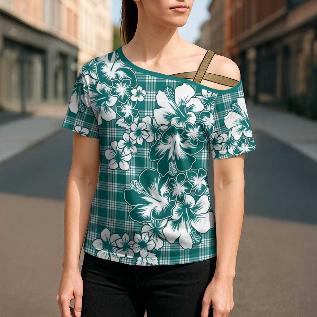 Hibiscus Pakala Aqua Teal Cross Shoulder Shirt Tropical Floral Stylized - Polynesian Pride