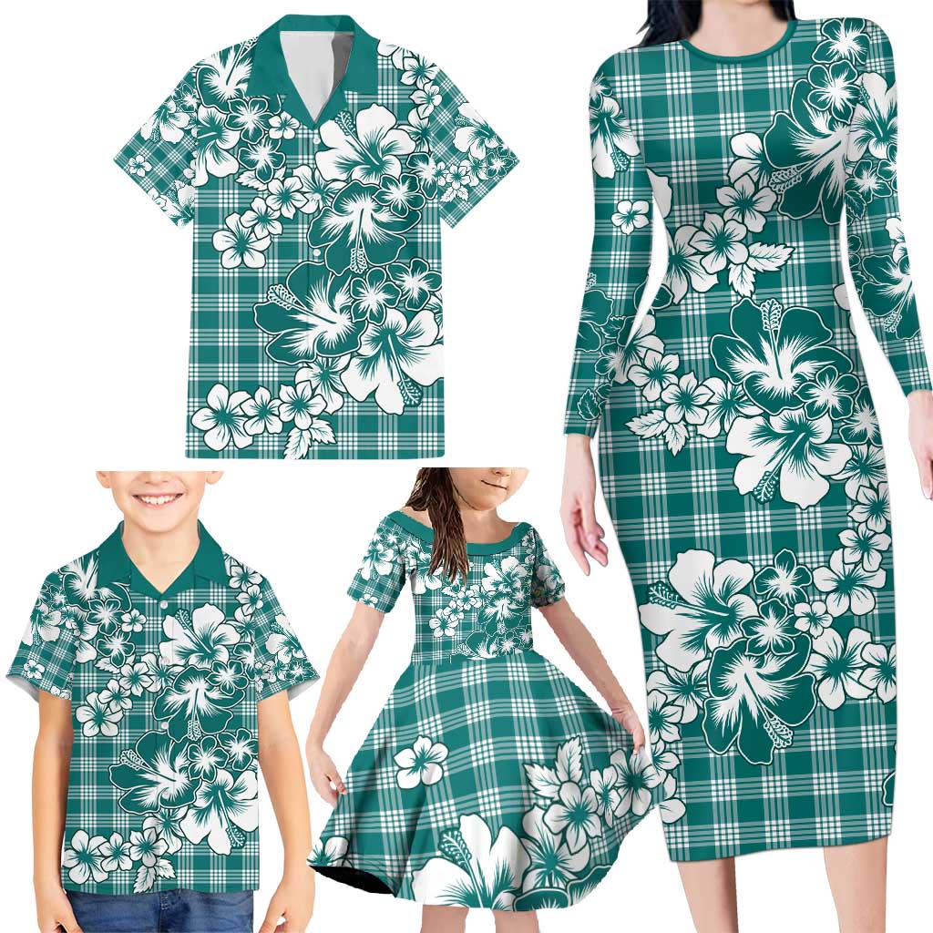 Hibiscus Pakala Aqua Teal Family Matching Long Sleeve Bodycon Dress and Hawaiian Shirt Tropical Floral Stylized LT01 - Polynesian Pride