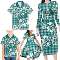 Hibiscus Pakala Aqua Teal Family Matching Long Sleeve Bodycon Dress and Hawaiian Shirt Tropical Floral Stylized LT01 - Polynesian Pride
