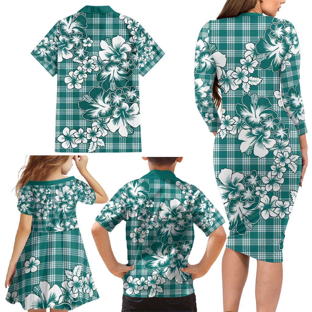 Hibiscus Pakala Aqua Teal Family Matching Long Sleeve Bodycon Dress and Hawaiian Shirt Tropical Floral Stylized LT01 - Polynesian Pride