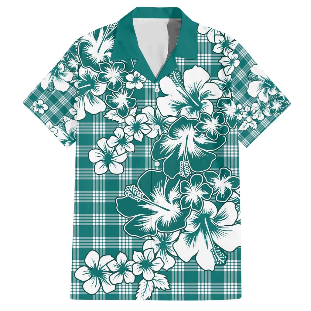 Hibiscus Pakala Aqua Teal Family Matching Long Sleeve Bodycon Dress and Hawaiian Shirt Tropical Floral Stylized LT01 Dad's Shirt - Short Sleeve Teal - Polynesian Pride