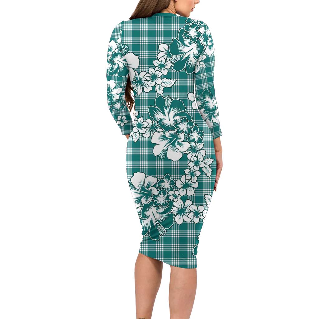 Hibiscus Pakala Aqua Teal Family Matching Long Sleeve Bodycon Dress and Hawaiian Shirt Tropical Floral Stylized LT01 - Polynesian Pride