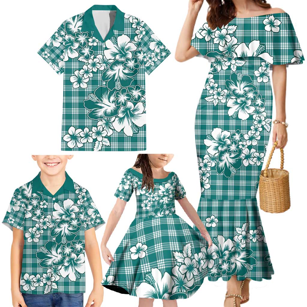 Hibiscus Pakala Aqua Teal Family Matching Mermaid Dress and Hawaiian Shirt Tropical Floral Stylized LT01 - Polynesian Pride