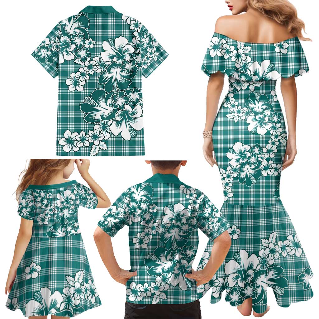 Hibiscus Pakala Aqua Teal Family Matching Mermaid Dress and Hawaiian Shirt Tropical Floral Stylized LT01 - Polynesian Pride
