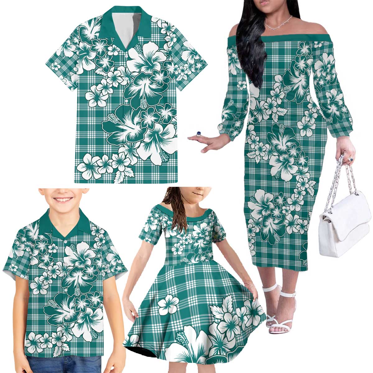 Hibiscus Pakala Aqua Teal Family Matching Off The Shoulder Long Sleeve Dress and Hawaiian Shirt Tropical Floral Stylized LT01 - Polynesian Pride