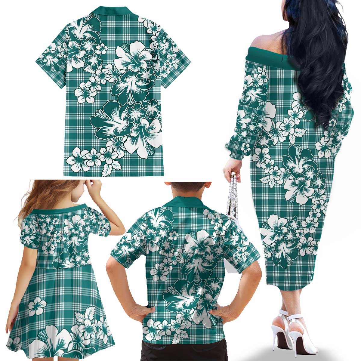 Hibiscus Pakala Aqua Teal Family Matching Off The Shoulder Long Sleeve Dress and Hawaiian Shirt Tropical Floral Stylized LT01 - Polynesian Pride