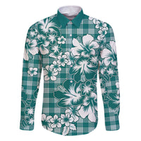 Hibiscus Pakala Aqua Teal Family Matching Off The Shoulder Long Sleeve Dress and Hawaiian Shirt Tropical Floral Stylized LT01 Dad's Shirt - Long Sleeve Teal - Polynesian Pride