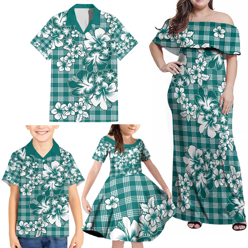 Hibiscus Pakala Aqua Teal Family Matching Off Shoulder Maxi Dress and Hawaiian Shirt Tropical Floral Stylized LT01 - Polynesian Pride