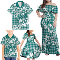 Hibiscus Pakala Aqua Teal Family Matching Off Shoulder Maxi Dress and Hawaiian Shirt Tropical Floral Stylized LT01 - Polynesian Pride