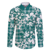 Hibiscus Pakala Aqua Teal Family Matching Off Shoulder Maxi Dress and Hawaiian Shirt Tropical Floral Stylized LT01 Dad's Shirt - Long Sleeve Teal - Polynesian Pride