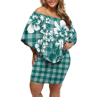 Hibiscus Pakala Aqua Teal Family Matching Off Shoulder Short Dress and Hawaiian Shirt Tropical Floral Stylized LT01 Mom's Dress Teal - Polynesian Pride