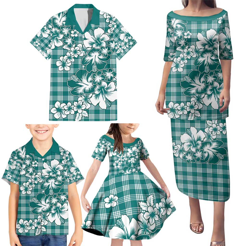 Hibiscus Pakala Aqua Teal Family Matching Puletasi and Hawaiian Shirt Tropical Floral Stylized LT01 - Polynesian Pride